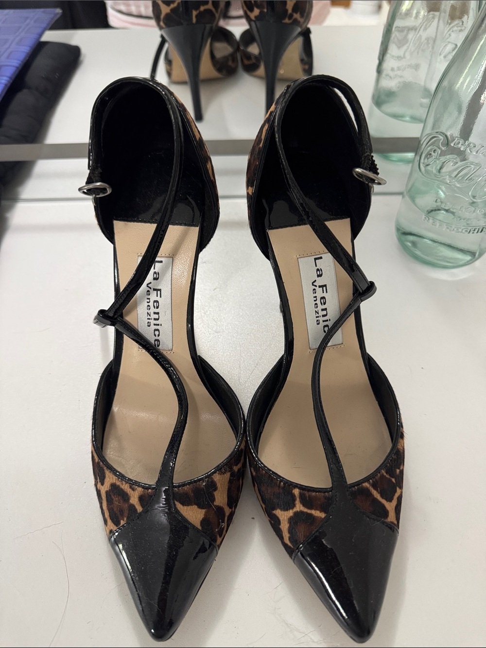 Leopard Print Pointed Toe Ankle Strap Pumps in Black and Brown